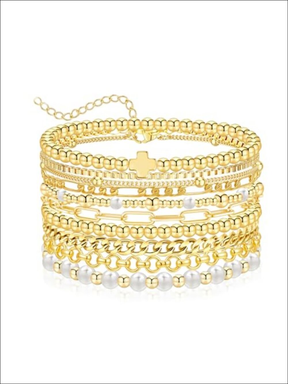 10Pc 14K Gold Plated Stackable Bracelet Set Beaded Chain Layering